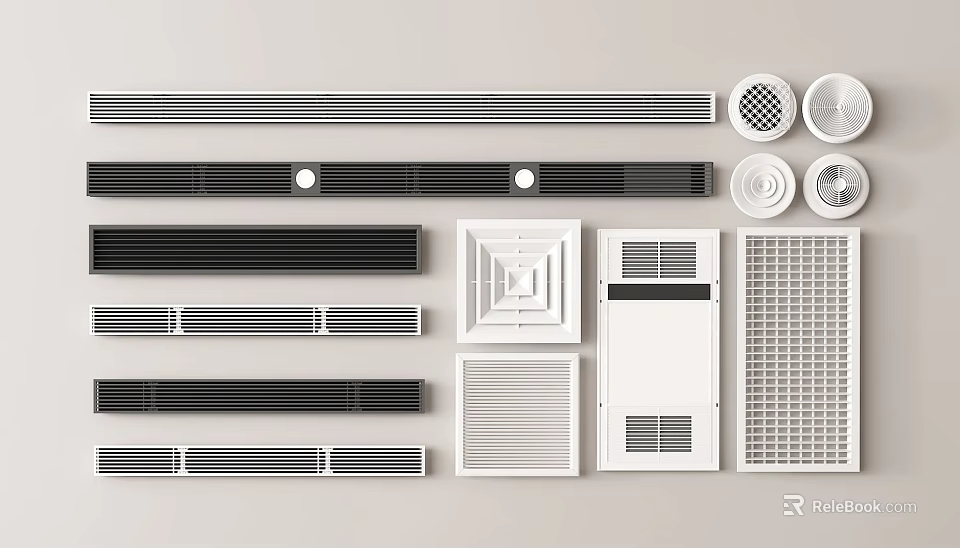 Air Conditioner Vents With Various Designs Including Black White Rectangular Round And Grille Types 3d model 