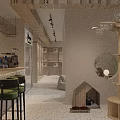 Mall Shop Interior Featuring Bar Counter Green Bar Stools Wooden Shelves Round Mirror Pendant Lights