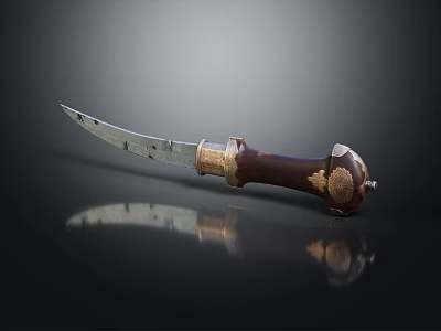 Vintage Decorative Knife With Curved Metal Blade Brown Wooden Handle And Golden Engravings 3d model