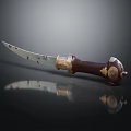 Vintage Decorative Knife With Curved Metal Blade Brown Wooden Handle And Golden Engravings