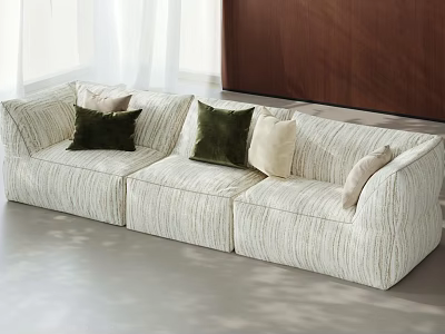 Light Colored Modern Three Seater Sofa with Striped Texture and Decorative Pillows 3d model