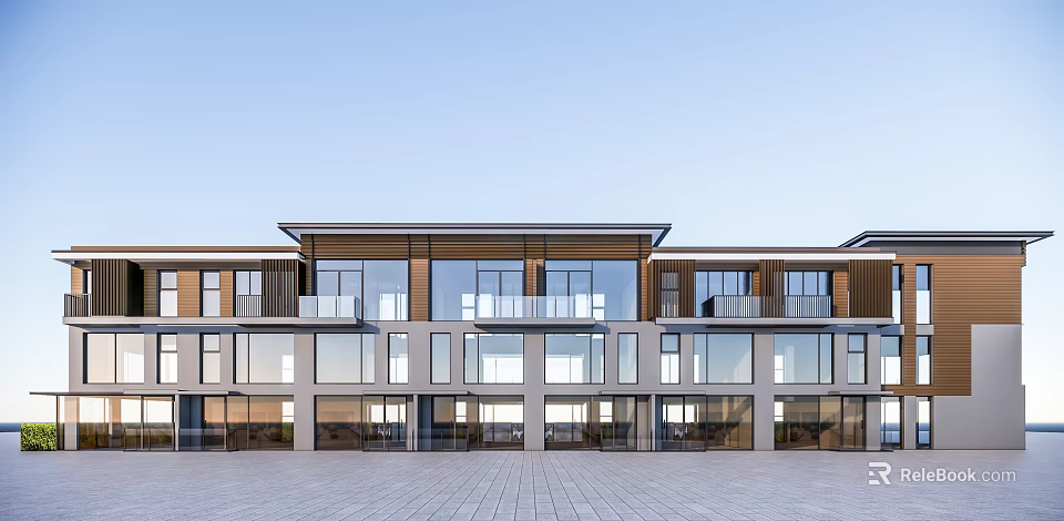 Modern Townhouse Exterior Design With Large Windows And Balconies 3d model 