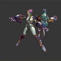 Pink Haired Game Movie Character In Blue White Orange Armor Holding Weapons In Combat Pose