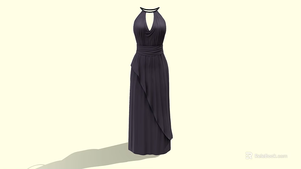 Dark Colored Long Halter Neck Evening Dress With Fitted Waist And Asymmetric Pleated Hem 3d model 