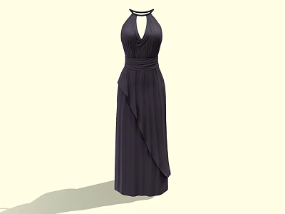 Dark Colored Long Halter Neck Evening Dress With Fitted Waist And Asymmetric Pleated Hem 3d model