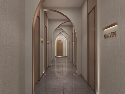 Modern Corridor Design With Arched Doorways Recessed Lighting And Polished Floor 3d model