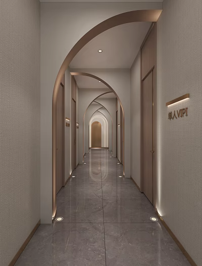 Modern Corridor Design With Arched Doorways Recessed Lighting And Polished Floor 3d model