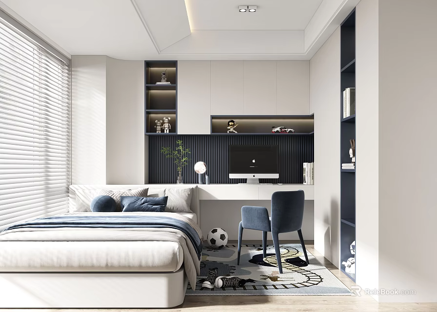 Tatami Bedroom Interior Design With Bed Desk Chair Bookshelf Window And Decorative Plant 3d model 