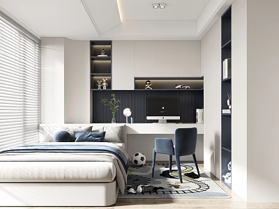 Tatami Bedroom Interior Design With Bed Desk Chair Bookshelf Window And Decorative Plant 3d model