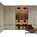 Modern Wooden Wardrobe Interior With Open Storage Hanging Clothes And Chair