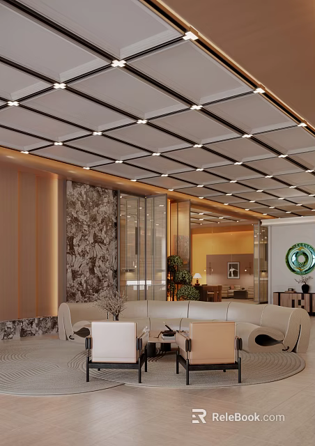 Modern Hotel Public Lounge Interior Design With Comfortable Sofas And Stylish Lighting 3d model