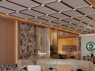 Modern Hotel Public Lounge Interior Design With Comfortable Sofas And Stylish Lighting 3d model