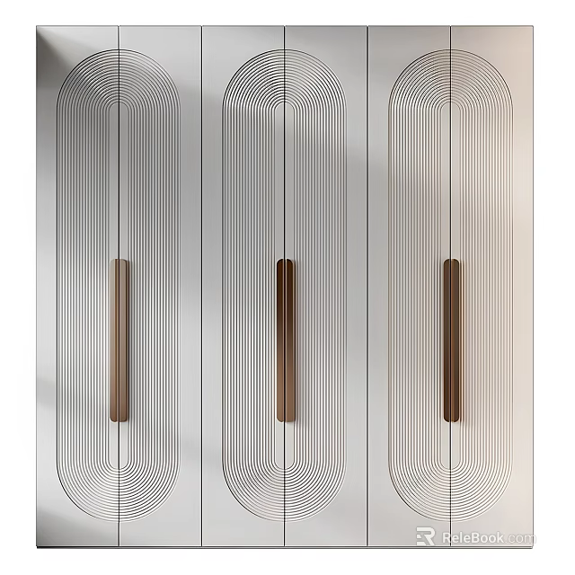 Modern Wardrobe Design Featuring Line Patterns And Wooden Handles On Sliding Doors 3d model 