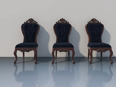 Elegant Blue Velvet Chairs With Carved Wooden Armrests And Backrests On Smooth Gray Floor 3d model