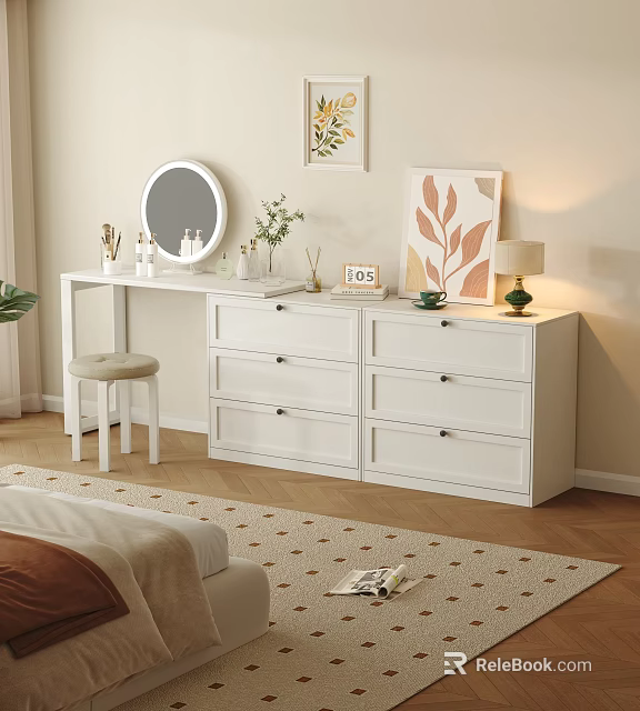 White Bedroom Dresser With Dressing Table Mirror Plants And Artwork 3d model 
