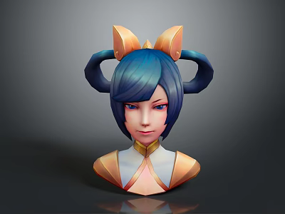 3D Anime Style Child Model With Blue Hair Double Ponytails And Golden Horn Accessories 3d model