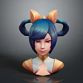 3D Anime Style Child Model With Blue Hair Double Ponytails And Golden Horn Accessories