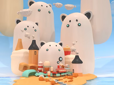 Cute White Bear Kids Toy Figurines With Small Houses Cakes Carrots And Blue Sky 3d model