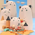 Cute White Bear Kids Toy Figurines With Small Houses Cakes Carrots And Blue Sky
