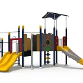 Kids Playground With Yellow Slides Climbing Frames And Shaded Canopy Structure