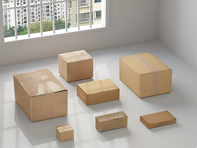 Various Sizes Cardboard Boxes in White Room With Window Showing Buildings and Green Plants Outside 3d model