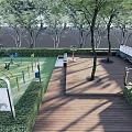 Residential Landscape With Green Lawn Wooden Deck Trees Play Structures And Seating Area