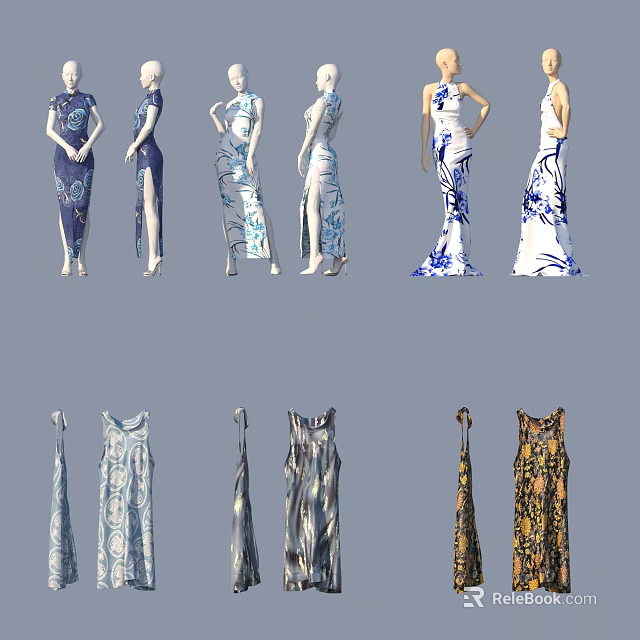 Stylish Dresses With Various Blue And White Patterns And Floral Prints On Models 3d model