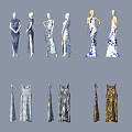 Stylish Dresses With Various Blue And White Patterns And Floral Prints On Models 3d model