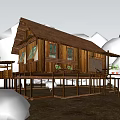Wooden House Elevated on Stilts with Brown Roof and Natural Surroundings