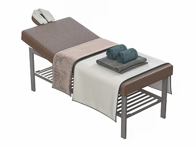 Comfortable Modern Massage Bed With Brown Beige Mattress Metal Frame And Folded Towels 3d model