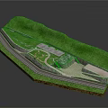 Detailed Terrain 3D Model Featuring Green Vegetation Winding Road and Building Structure 3d model