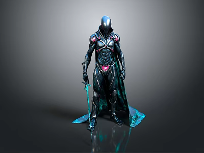 Futuristic Armored Warrior In Black Armor With Blue Cloak And Glowing Sword 3d model