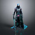 Futuristic Armored Warrior In Black Armor With Blue Cloak And Glowing Sword
