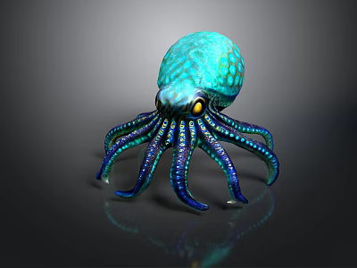 Turquoise Octopus with Spotted Body Yellow Eyes and Long Tentacles on Dark Background with Reflection 3d model