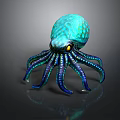 Turquoise Octopus with Spotted Body Yellow Eyes and Long Tentacles on Dark Background with Reflection
