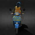 Game Movie Character Riding Blue Motorcycle In Orange Vest With Yellow Delivery Box