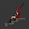 Gray Stone Steps With Red Haired Horned Character Sitting And Holding Spear