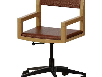 Wooden Frame Office Chair With Brown Leather Seat And Armrests On Wheeled Base 3d model
