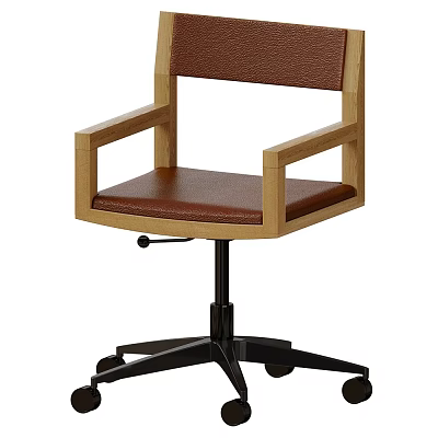 Wooden Frame Office Chair With Brown Leather Seat And Armrests On Wheeled Base 3d model
