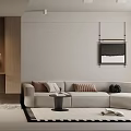 Modern Minimalist Living Dining Room With Wooden Cabinets Sofa Pendant Light And Rug