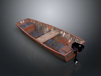 Old Rusty Wooden Boat With Stern Mounted Black Motor And Wooden Seat 3d model