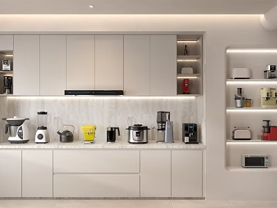 Modern Kitchen Interior With White Cabinets And Assorted Appliances On Countertop 3d model