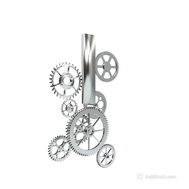 Industrial Silver Mechanical Gears With Vertical Metal Rod And Interconnected Cogwheels 3d model 