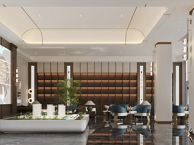 Elegant Modern Sales Office Lobby With Green Plants Sofas Chandeliers Display Platform And Marble Flooring 3d model