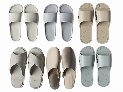 Assorted Indoor Slippers With Cross Strap And Slide Designs In Gray Beige And Light Colors 3d model