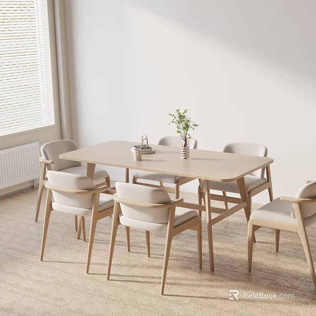 Minimalist Dining Table Set With Light Wood Chairs Decorative Vase And Plant In Natural Light 3d model 
