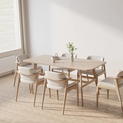 Minimalist Dining Table Set With Light Wood Chairs Decorative Vase And Plant In Natural Light 3d model