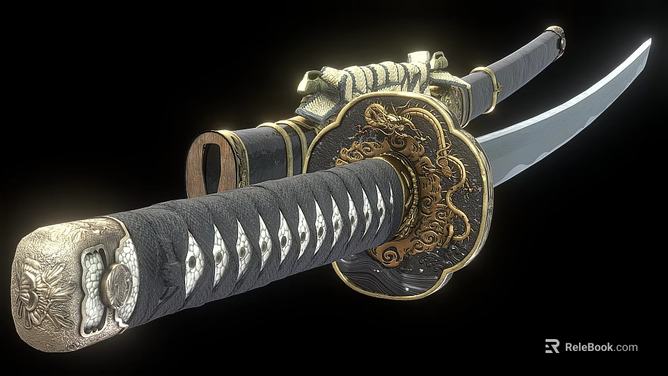 Traditional Japanese Katana With Ornate Gold Dragon Tsuba And Wrapped Handle Design 3d model 