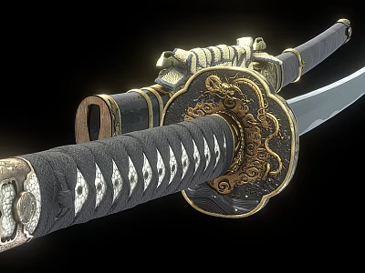 Traditional Japanese Katana With Ornate Gold Dragon Tsuba And Wrapped Handle Design 3d model