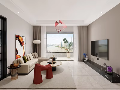 Modern Living Dining Room Interior With Sofa Coffee Table TV And Floor to Ceiling Window 3d model